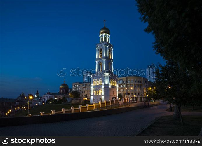 Bell tower with the Church of St. Nicholas at night in Samara Russia. 27 June 2018