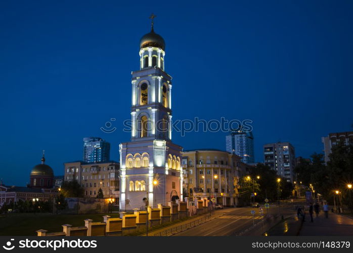 Bell tower with the Church of St. Nicholas at night in Samara Russia. 27 June 2018