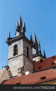 Bell towers of Our Lady of Tyn church in the center of Prague