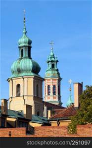 Bell towers of the Old Town churches in Warsaw, Poland.