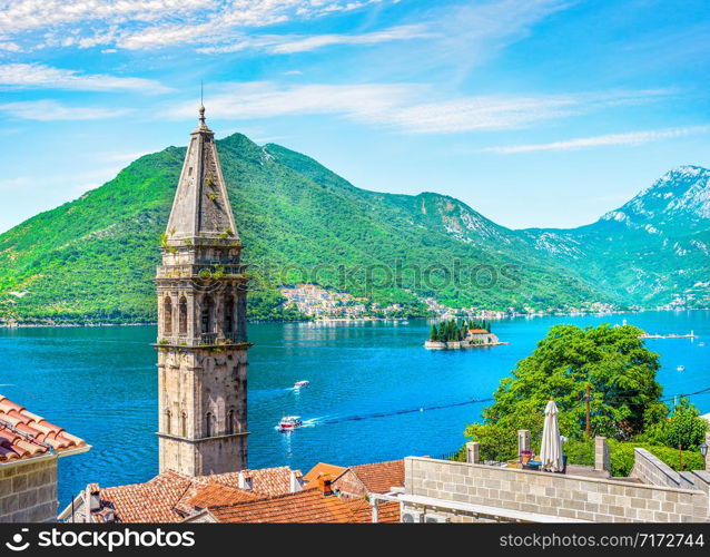 Belltower of Saint Nicholas church in Perast, view from above. Belltower in Perast