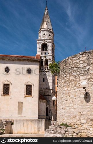 Belltower of St Elias's church in the ancient old town of Zadar in Croatia. Bell Tower in the old town of Zadar in Croatia
