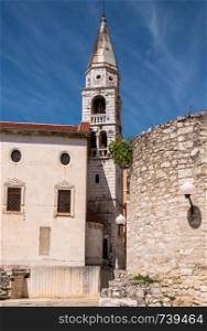 Belltower of St Elias's church in the ancient old town of Zadar in Croatia. Bell Tower in the old town of Zadar in Croatia