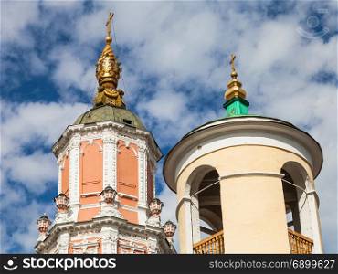 belltower of Theodore Stratelates Church and Menshikov Tower of the Church of Archangel Gabriel in Arkhangelskiy Lane in center of Moscow city