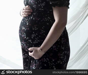 Belly of a pregnant woman on white, gray background embracing holding expecting a baby concept closeup. Belly of a pregnant woman on white, gray background embracing holding expecting a baby concept