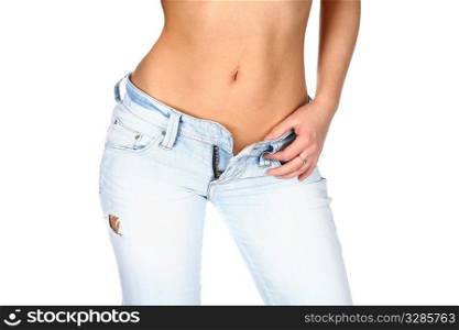 belly of sensual girl in jeans isolated in studio on white background