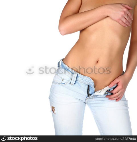belly of sensual girl in jeans isolated in studio on white background