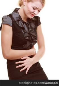 Bellyache, indigestion or menstruation. Young woman girl suffering from stomach pain isolated on white.