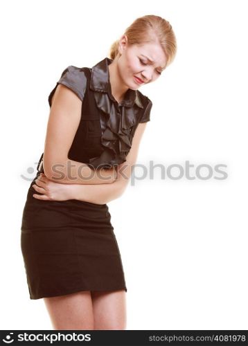 Bellyache, indigestion or menstruation. Young woman girl suffering from stomach pain isolated on white.