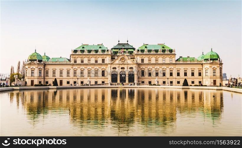 Belvedere Baroque Palace in Vienna, Austria water reflection. Belvedere palace Viena water reflection