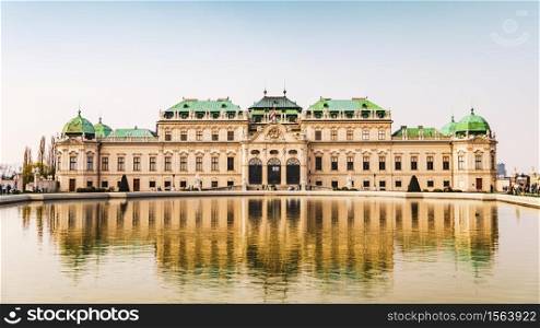 Belvedere Baroque Palace in Vienna, Austria water reflection. Belvedere palace Viena water reflection