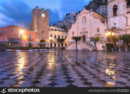 Belvedere of Taormina on the square Piazza IX Aprile in Taormina at rainy night, Sicily, Italy. Piazza IX Aprile in Taormina, Sicily, Italy