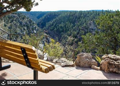 Bench enjoying the view in Walnut Canyon National Monument in Flagstaff Arizona