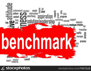 Benchmark word cloud with red banner image with hi-res rendered artwork that could be used for any graphic design.. Decision word cloud with yellow banner