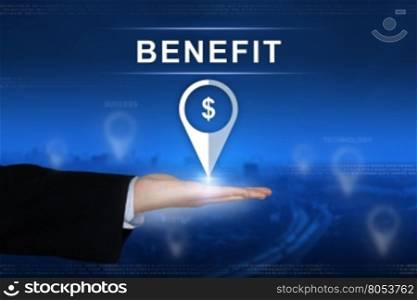 benefit button with business hand on blurred background