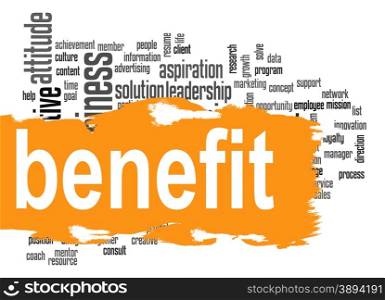 Benefit word cloud image with hi-res rendered artwork that could be used for any graphic design.. Benefit word cloud with yellow banner