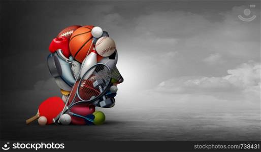 Benefits of sport and active exercise lifestyle as a group of sports equipment shaped as a human head with a soccer ball basketball football ping pong tennis and golf or jogging symbol with 3D illustration elements.