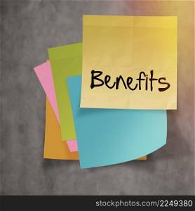 ""benefits" text on sticky note paper on wall texture"