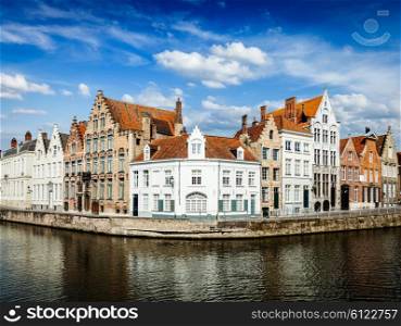 Benelux EuropeTravel concept - Bruges canal and old historic houses of medieval architecture. Brugge, Belgium