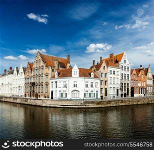 Benelux Travel concept background - Bruges canal and medieval houses. Brugge, Belgium