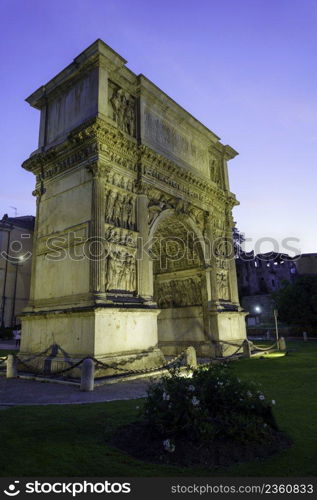 Benevento, C&ania, Italy  the Roman Arco di Traiano, historic monument with sculptures, by night