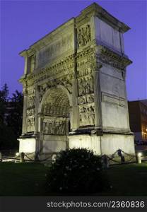 Benevento, C&ania, Italy  the Roman Arco di Traiano, historic monument with sculptures, by night