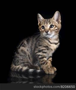 bengal cat in front of black background