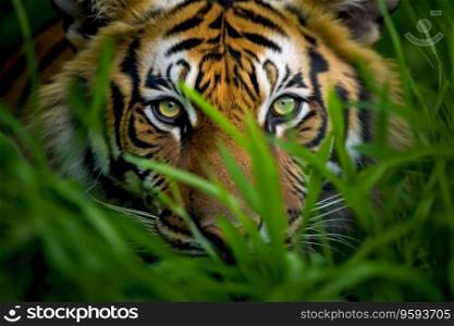 Bengal tiger in green grass. Close-up.