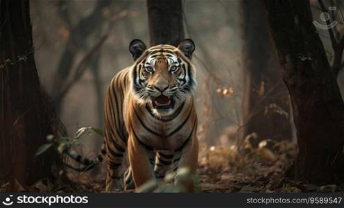 Bengal tiger, wild predator in the jungle forests, close-up. Natural nature. Protection of the animal world. AI generated.. Bengal tiger, wild predator in the jungle forests, close-up. Natural nature. AI generated.