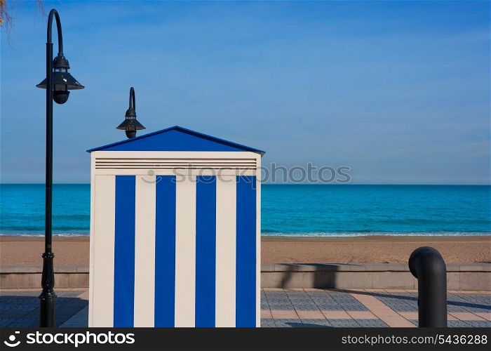 Benicasim in Castellon Benicassim beach stripes house at Mediterranean sea of spain