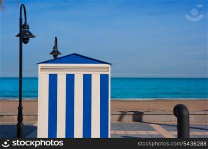 Benicasim in Castellon Benicassim beach stripes house at Mediterranean sea of spain
