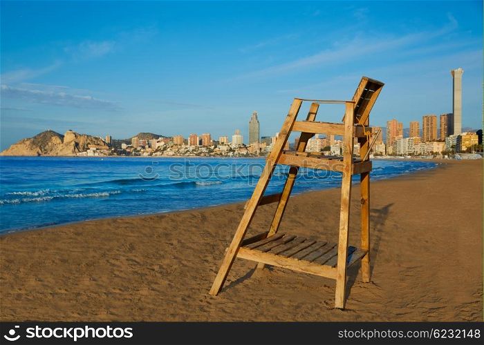 Benidorm Poniente beach watchtower seat in Alicante Mediterranean of Spain