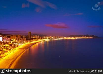 Benidorm sunset Poniente beach in Alicante Mediterranean of Spain