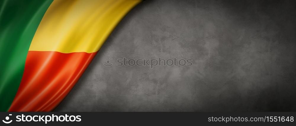 Benin flag on concrete wall. Horizontal panoramic banner. 3D illustration. Benin flag on concrete wall banner