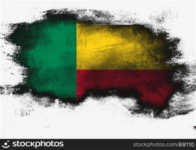 Benin flag painted with brush on white background, 3D rendering. Brown wooden texture.
