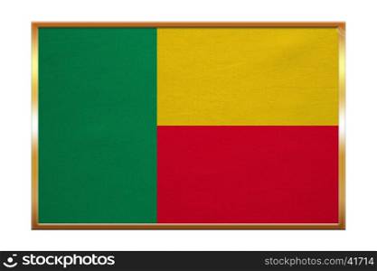 Beninese national official flag. Patriotic symbol, banner, element, background. Correct colors. Flag of Benin , golden frame, fabric texture, illustration. Accurate size, color
