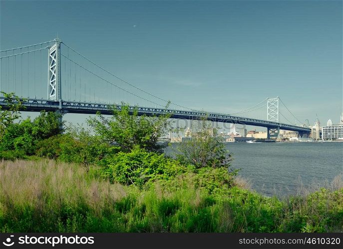 Benjamin Franklin Bridge between Philadelphia, Pennsylvania and Camden, NJ. No brand names or copyright objects.
