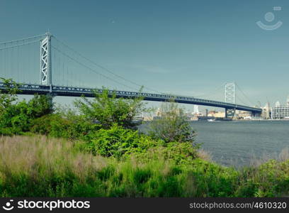 Benjamin Franklin Bridge between Philadelphia, Pennsylvania and Camden, NJ. No brand names or copyright objects.