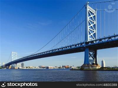 Benjamin Franklin Bridge between Philadelphia, Pennsylvania and Camden, NJ. No brand names or copyright objects.