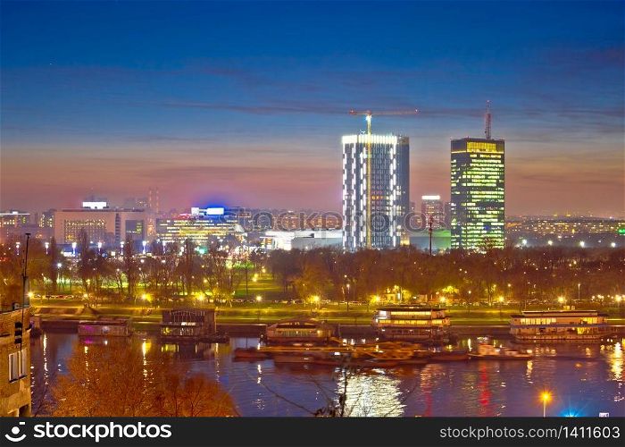 Beograd skyscrapers and Sava river evening view, capital of Srbija