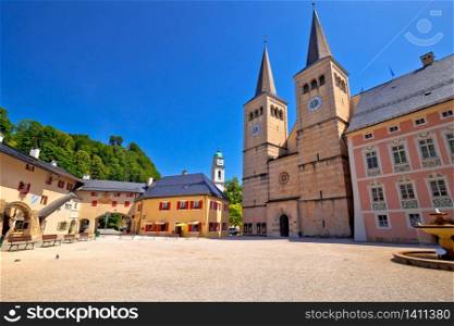 Berchtesgaden town square and historic church view, Bavaria Alps region of Germany