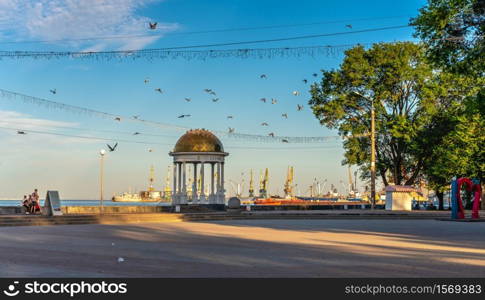 Berdyansk, Ukraine 07.23.2020. Embankment of the Azov Sea in Berdyansk, Ukraine, on an early summer morning. Berdyansk embankment in the early morning