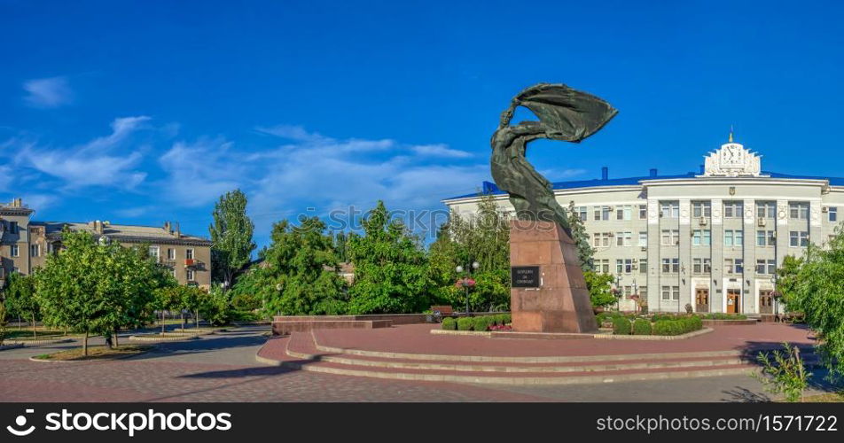 Berdyansk, Ukraine 07.23.2020. Monument to freedom fighters in Berdyansk city, Ukraine, on a summer morning. Monument to freedom fighters in Berdyansk, Ukraine