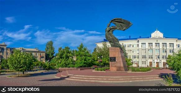Berdyansk, Ukraine 07.23.2020. Monument to freedom fighters in Berdyansk city, Ukraine, on a summer morning. Monument to freedom fighters in Berdyansk, Ukraine