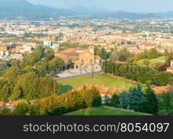Bergamo. The city view from the hill.. Aerial view of Bergamo from hill height. Italy. Lombardy.