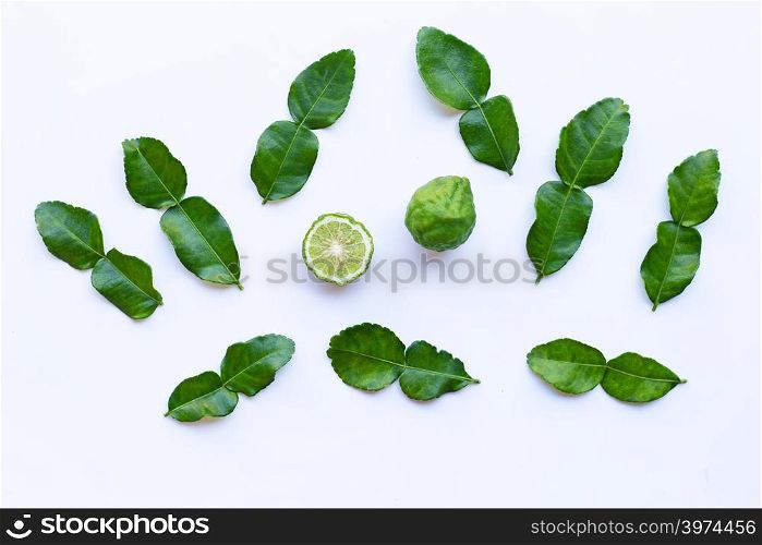 Bergamot kaffir lime with leaves herb fresh ingredient isolated on white background.