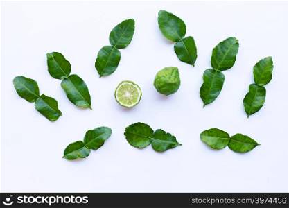 Bergamot kaffir lime with leaves herb fresh ingredient isolated on white background.