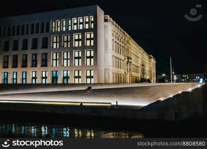 Berlin, Germany - April 2022. View of Berliner Schloss - Stadtschloss Berlin at night with illumination. Forum Humboldt Museum. High quality photo. Berlin, Germany - April 2022. View of Berliner Schloss - Stadtschloss Berlin at night with illumination. Forum Humboldt Museum