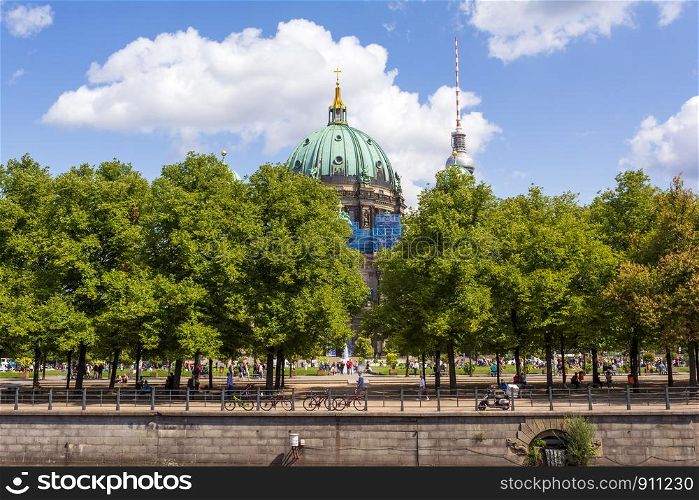 Berlin, Germany - August 14, 2019: Remote view of Berlin Cathedral in Berlin at Germany, Europe. Remote view of Berlin Cathedral, Berlin, Germany, Europe