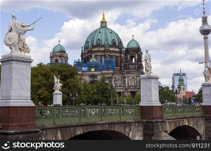Berlin, Germany - August 14, 2019: Remote view of Berlin Cathedral in Berlin Germany, Europe. Remote view of Berlin Cathedral, Berlin, Germany, Europe